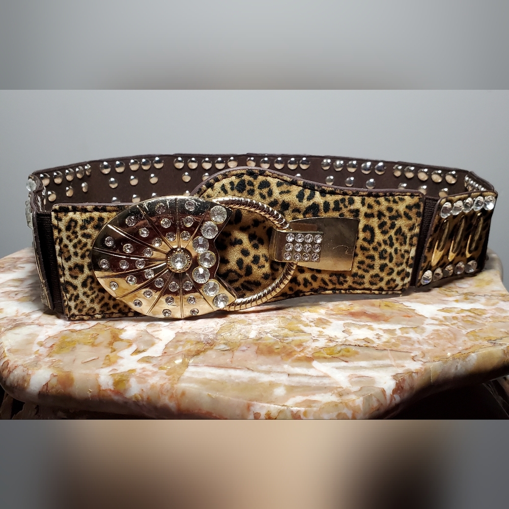 Extra Small Leopard Print Stretchy Belt with Gold Accents and Rhinestones